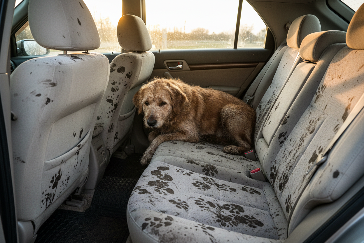 Backseat of a car with muddy dog and mud all over the seats